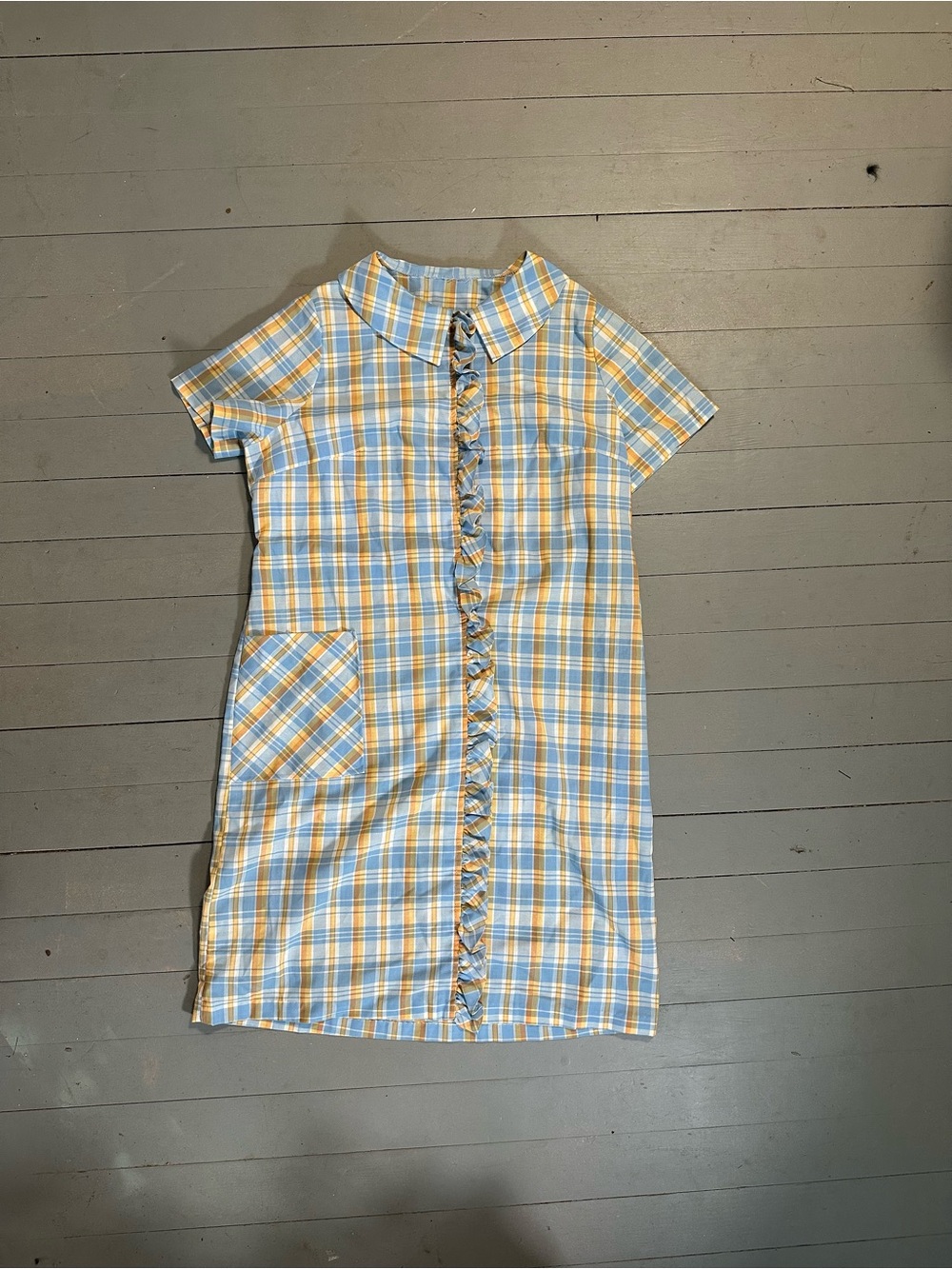 Vintage Blue and Yellow Plaid Midi Dress with Ruffle Trim